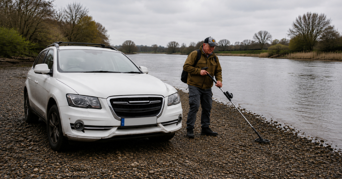 Mężczyzna z wykrywaczem metali obok zaparkowanego SUV-a nad brzegiem rzeki na skraju lasu